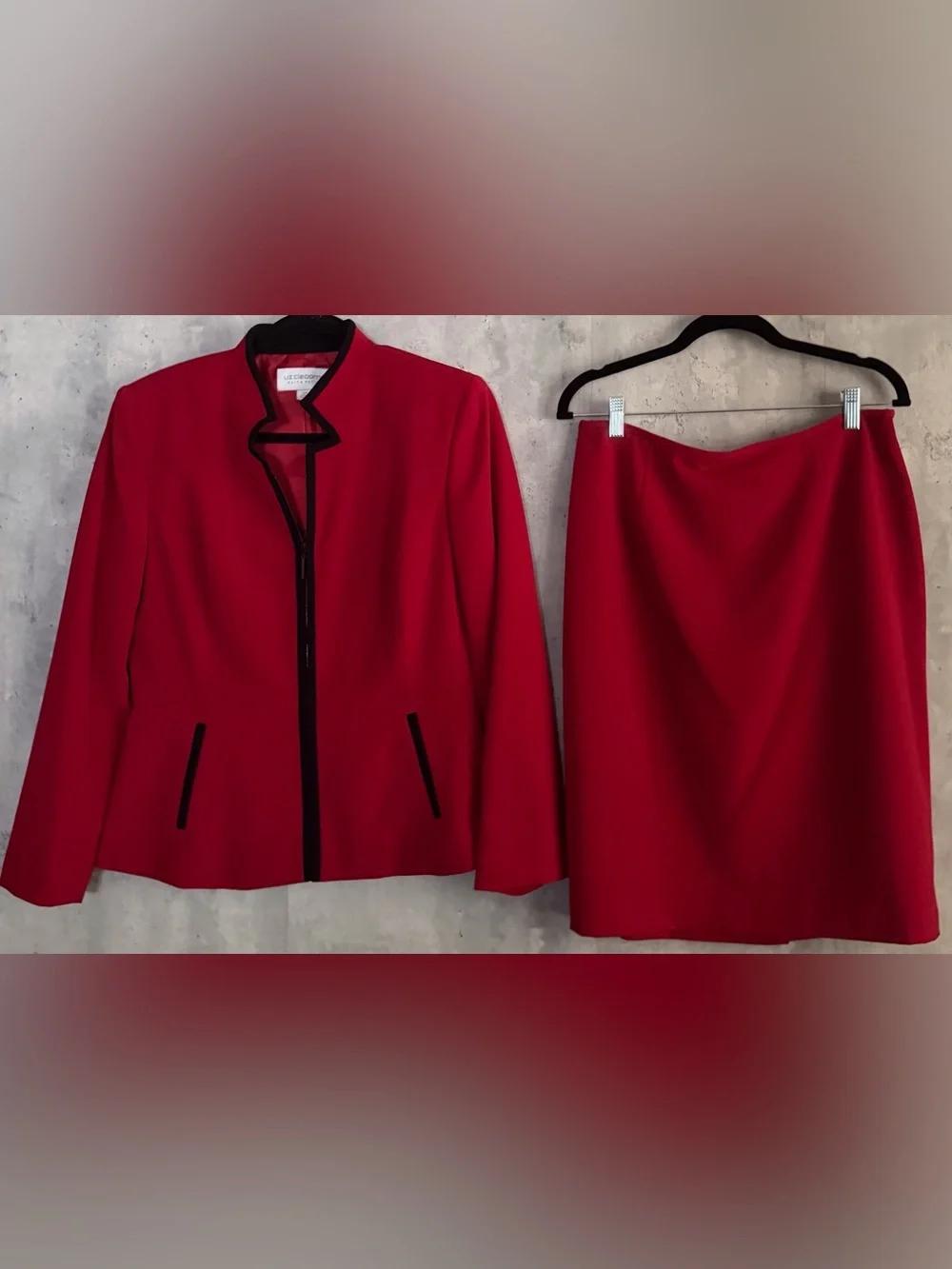Vtg Liz Claiborne Red Skirt Suit 12P Ofc  Siren Career Church Zip Blazer Skirt